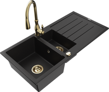 Mexen Andres évier en granit 1,5 bac avec égouttoir et robinet de cuisine Savita, noir - 6515-77-672601-50