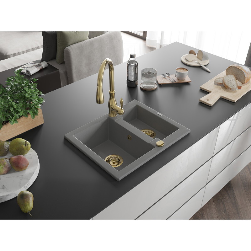 Mexen Carlos évier en granit 1,5 cuves avec robinet de cuisine Savita, gris - 6518-71-672601-50