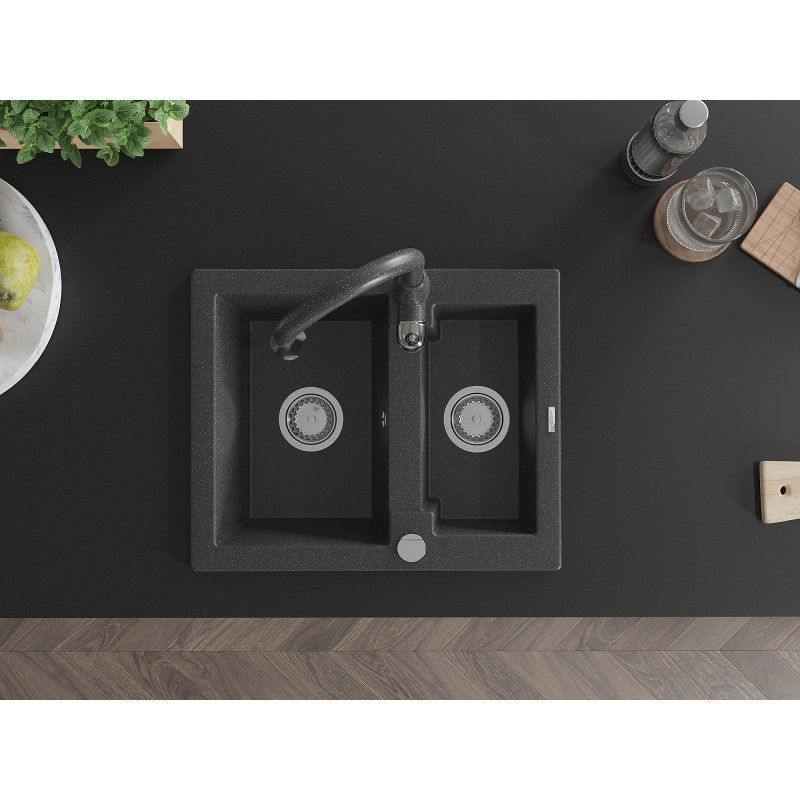 Mexen Carlos évier en granit 1,5 bac avec robinet de cuisine Savita, noir moucheté - 6518-76-672601-76
