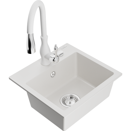 Mexen Milo évier granit 1 bac avec robinet de cuisine Savita, blanc - 6505-20-672601-20