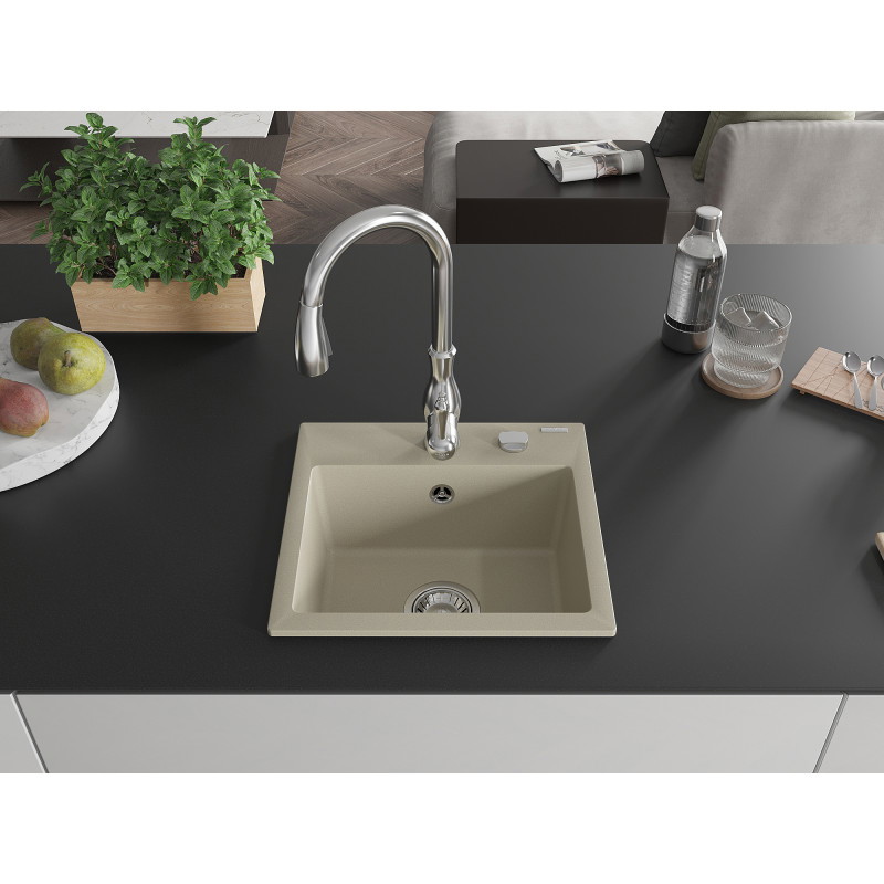 Mexen Milo évier en granit 1 bac avec robinet de cuisine Savita, beige - 6505-69-672601-00