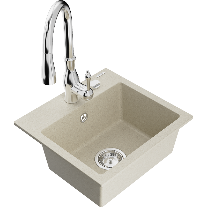 Mexen Milo évier en granit 1 bac avec robinet de cuisine Savita, beige - 6505-69-672601-00