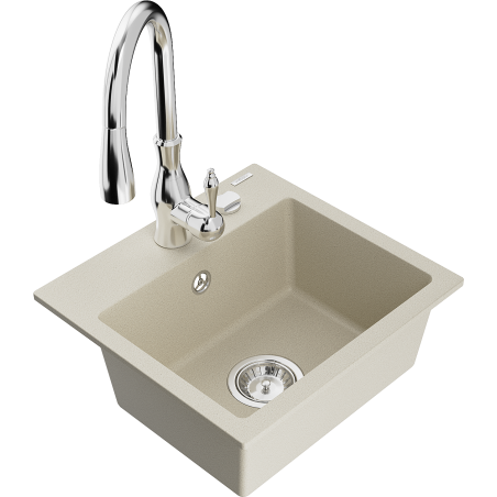 Mexen Milo évier en granit 1 bac avec robinet de cuisine Savita, beige - 6505-69-672601-00