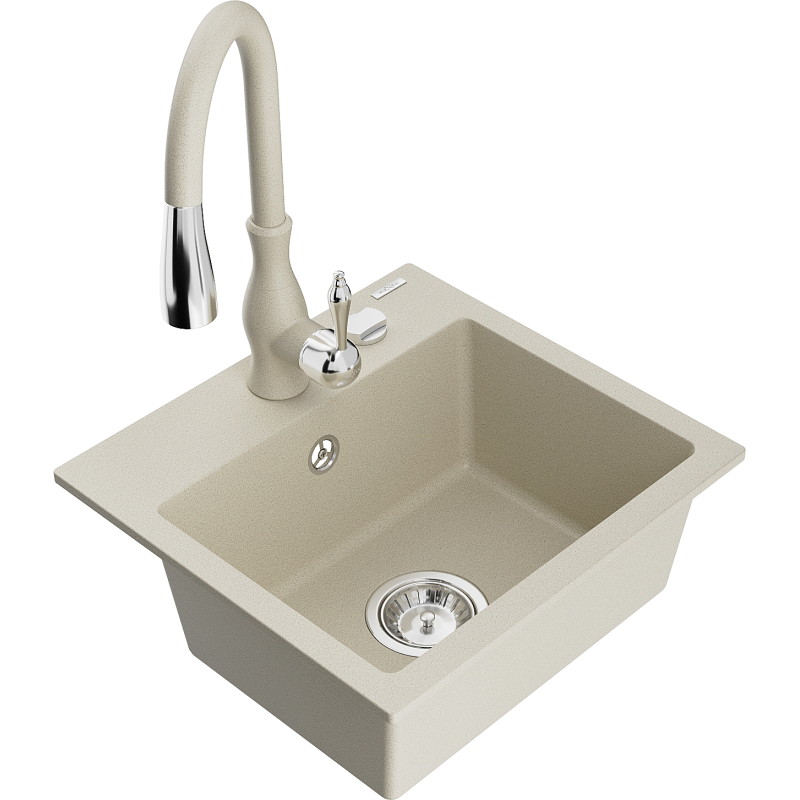 Mexen Milo évier en granit 1 bac avec robinet de cuisine Savita, beige - 6505-69-672601-69