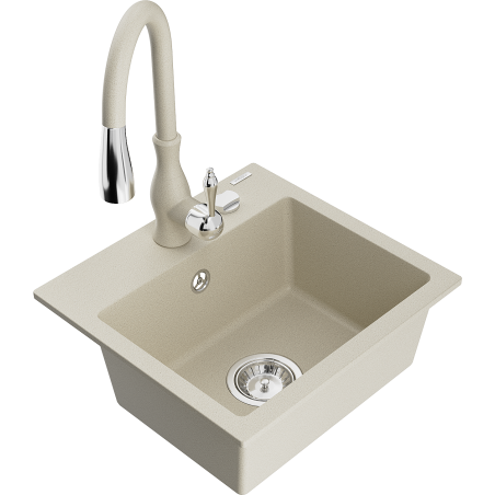 Mexen Milo évier en granit 1 bac avec robinet de cuisine Savita, beige - 6505-69-672601-69