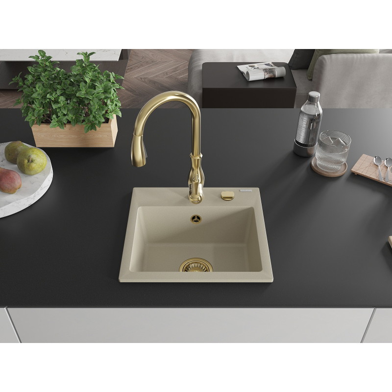 Mexen Milo évier en granit 1 bac avec robinet de cuisine Savita, beige - 6505-69-672601-50