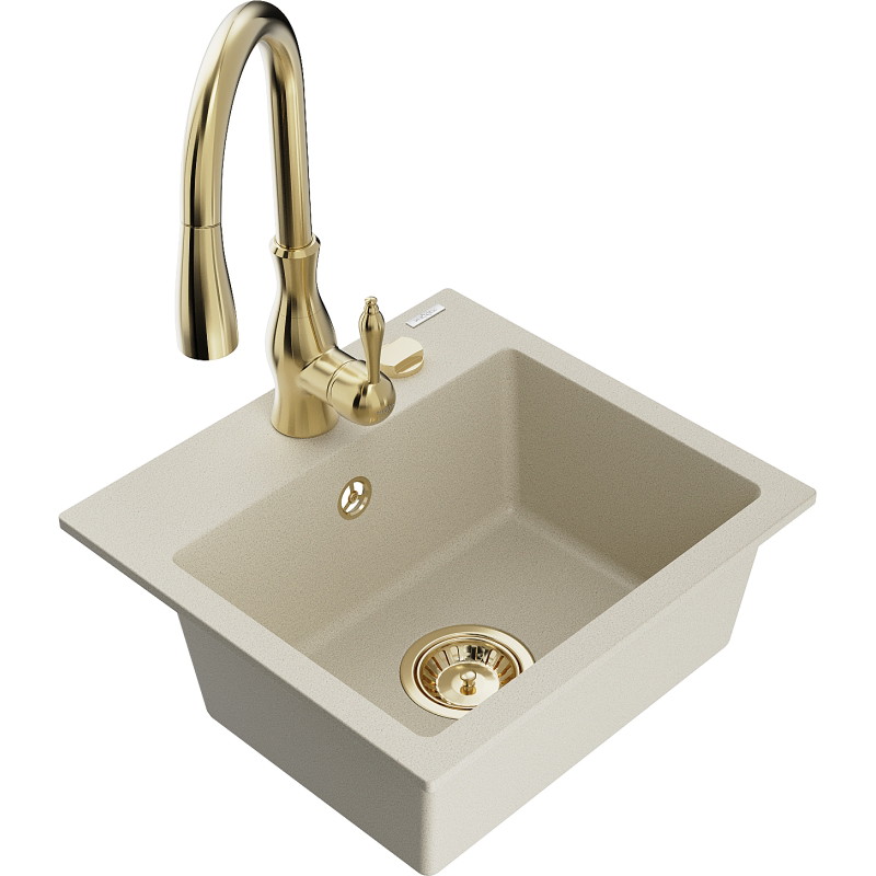 Mexen Milo évier en granit 1 bac avec robinet de cuisine Savita, beige - 6505-69-672601-50