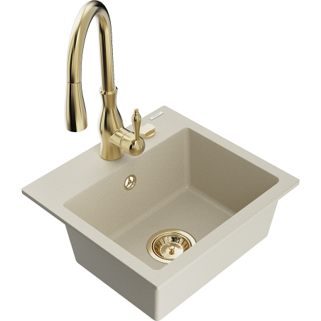 Mexen Milo évier en granit 1 bac avec robinet de cuisine Savita, beige - 6505-69-672601-50