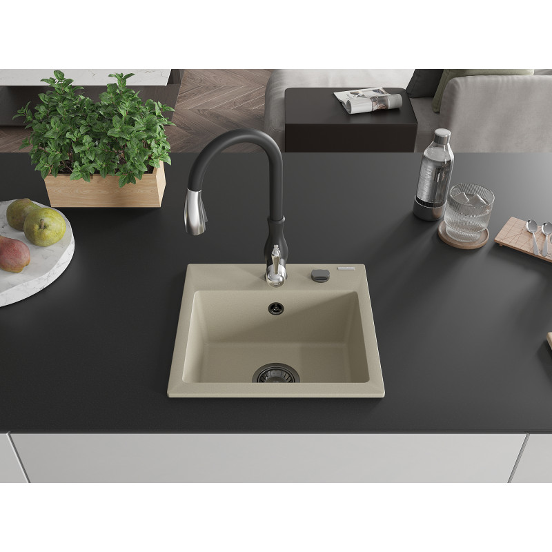 Mexen Milo évier en granit 1-bassin avec robinet de cuisine Savita, beige - 6505-69-672601-70