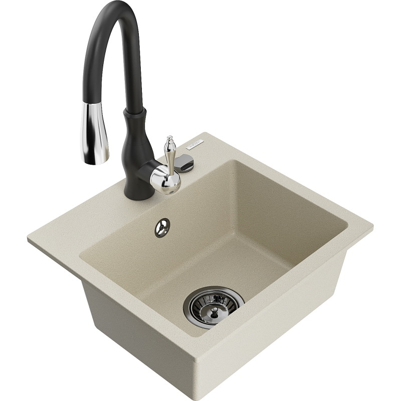Mexen Milo évier en granit à 1 bac avec robinet de cuisine Savita, beige - 6505-69-672601-70