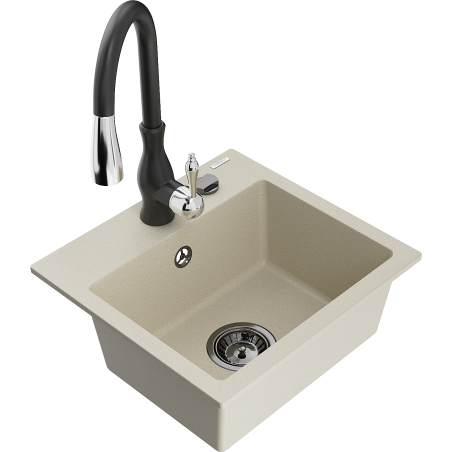 Mexen Milo évier en granit 1 bac avec robinet de cuisine Savita, beige - 6505-69-672601-70