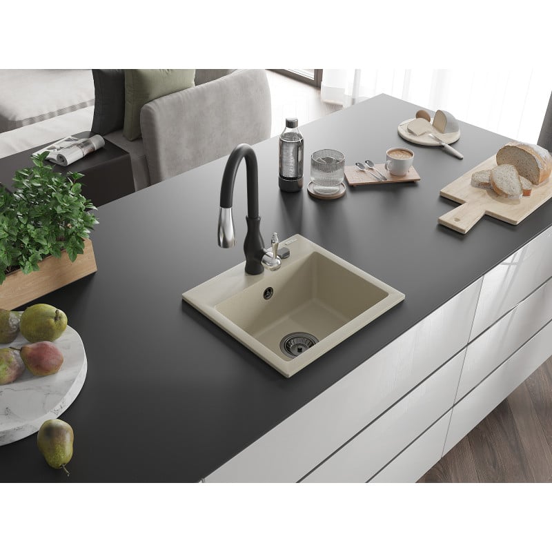 Mexen Milo évier en granit 1-bassin avec robinet de cuisine Savita, beige - 6505-69-672601-70