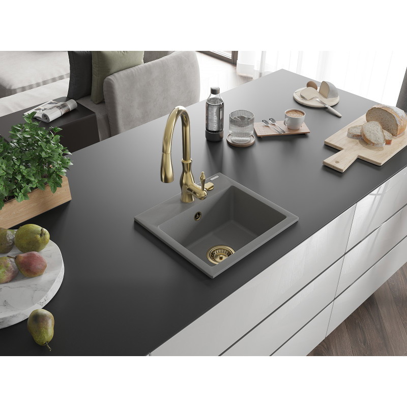 Mexen Milo évier en granit 1 bac avec robinet de cuisine Savita, gris - 6505-71-672601-50