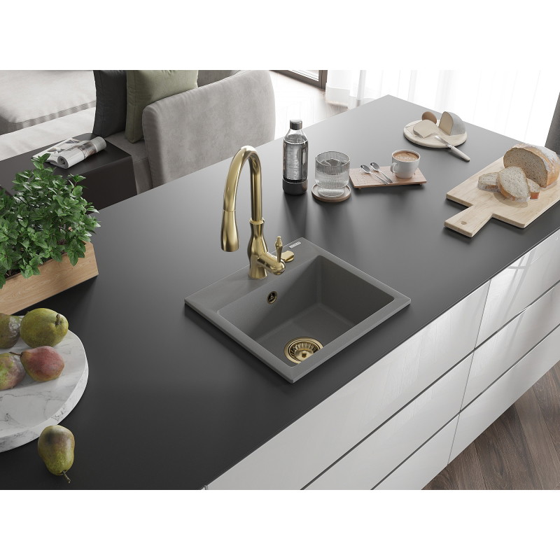 Mexen Milo évier en granit 1 cuve avec robinet de cuisine Savita, gris - 6505-71-672601-50