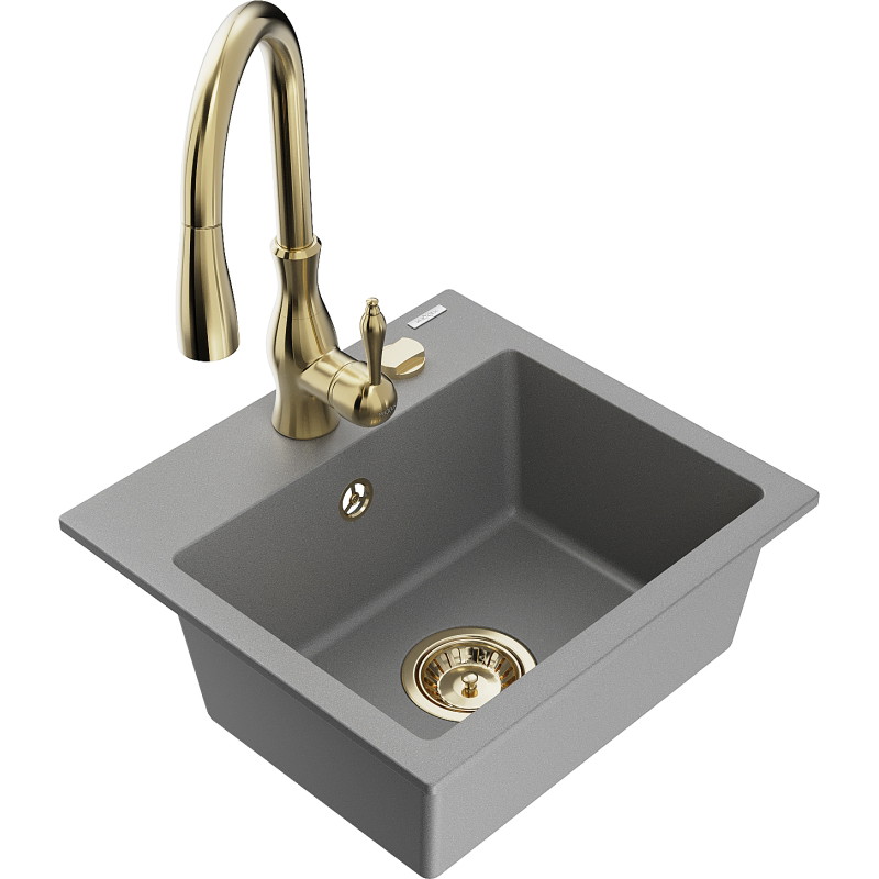 Mexen Milo évier en granit 1 cuve avec robinet de cuisine Savita, gris - 6505-71-672601-50