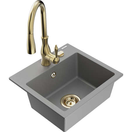 Mexen Milo évier en granit 1 cuve avec robinet de cuisine Savita, gris - 6505-71-672601-50