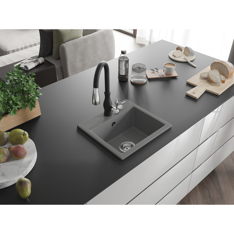 Mexen Milo évier en granit 1 bac avec robinet de cuisine Savita, gris - 6505-71-672601-70