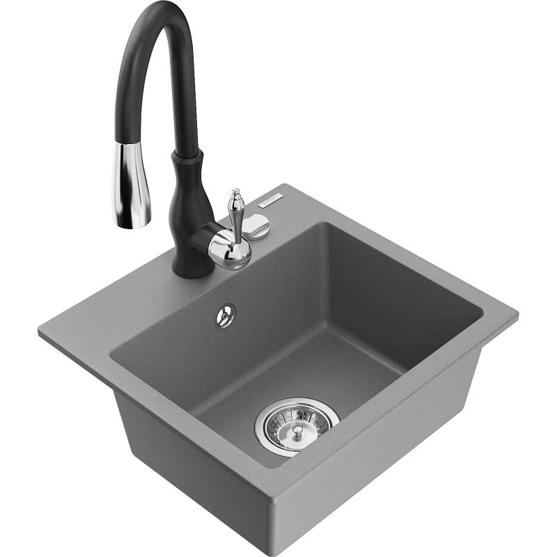 Mexen Milo évier en granit 1 bac avec robinet de cuisine Savita, gris - 6505-71-672601-70