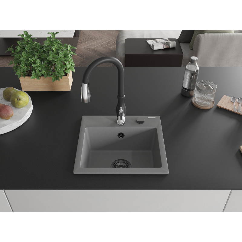 Mexen Milo évier en granit 1 cuve avec robinet de cuisine Savita, gris - 6505-71-672601-70-B