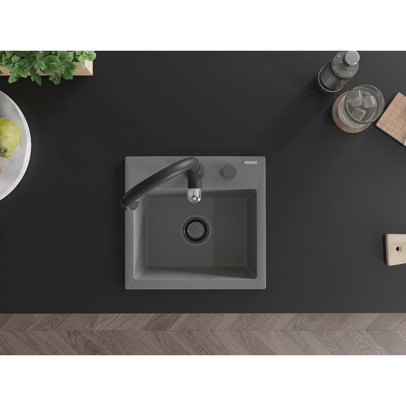 Mexen Milo évier en granit 1 cuve avec robinet de cuisine Savita, gris - 6505-71-672601-70-B