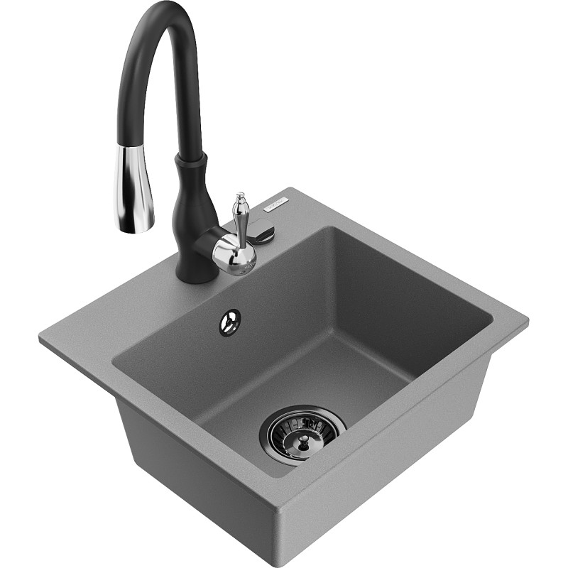 Mexen Milo évier en granit 1 bac avec robinet de cuisine Savita, gris - 6505-71-672601-70-B