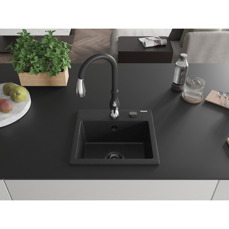 Mexen Milo évier en granit 1 cuve avec robinet de cuisine Savita, noir / argent métallisé - 6505-73-672601-70-B