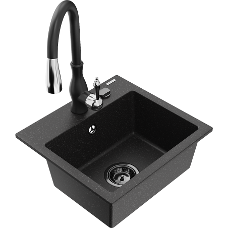 Mexen Milo évier en granit 1 cuve avec robinet de cuisine Savita, noir / argent métallisé - 6505-73-672601-70-B