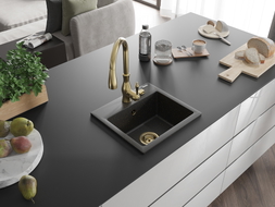 Mexen Milo évier en granit 1 vasque avec robinet de cuisine Savita, noir/or métallique- 6505-75-672601-50