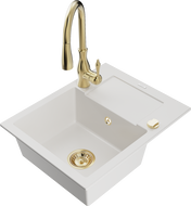 Mexen Enzo évier en granit 1 bac avec égouttoir et mitigeur de cuisine Savita, blanc - 6506-20-672601-50