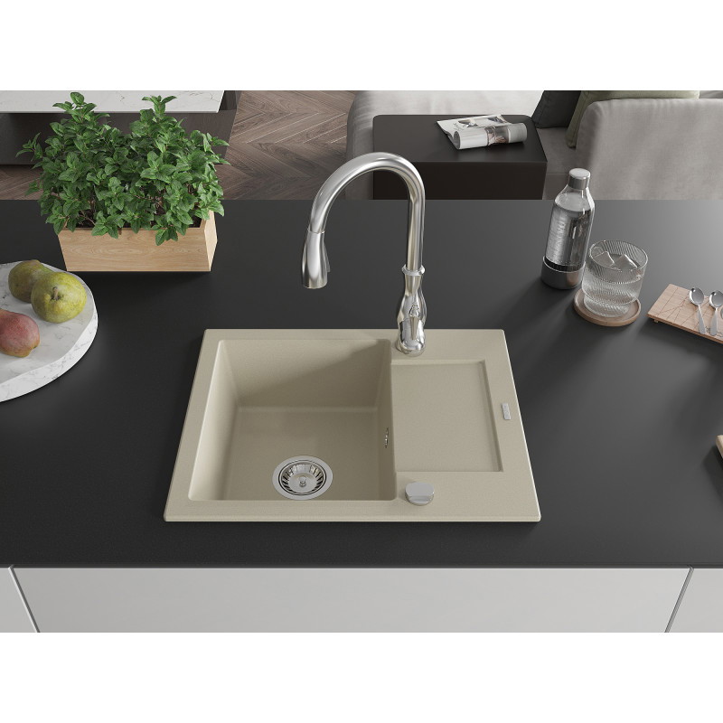 Mexen Enzo évier en granit 1 bac avec égouttoir et robinet de cuisine Savita, beige - 6506-69-672601-00