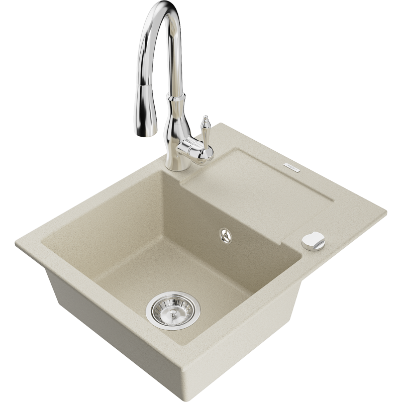 Mexen Enzo évier en granit 1 bac avec égouttoir et robinet de cuisine Savita, beige - 6506-69-672601-00