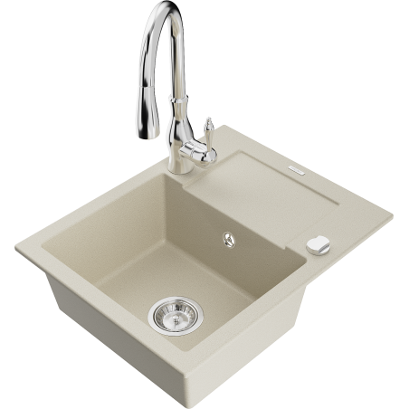 Mexen Enzo évier granitique 1 bac avec égouttoir et robinet de cuisine Savita, beige - 6506-69-672601-00