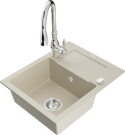 Mexen Enzo évier en granit 1 bac avec égouttoir et robinet de cuisine Savita, beige - 6506-69-672601-00