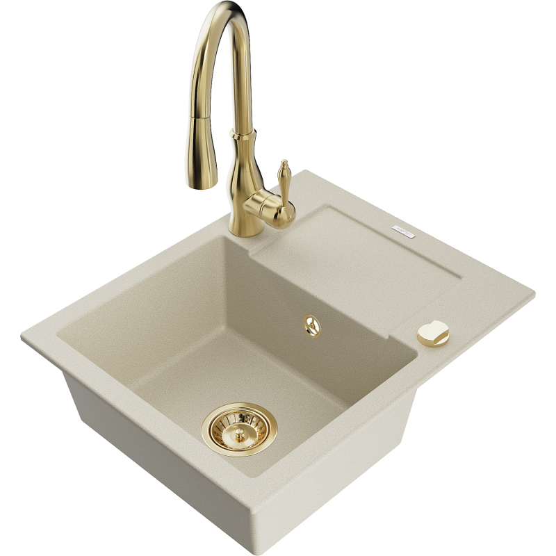 Mexen Enzo évier en granit 1 bac avec égouttoir et robinet de cuisine Savita, beige - 6506-69-672601-50