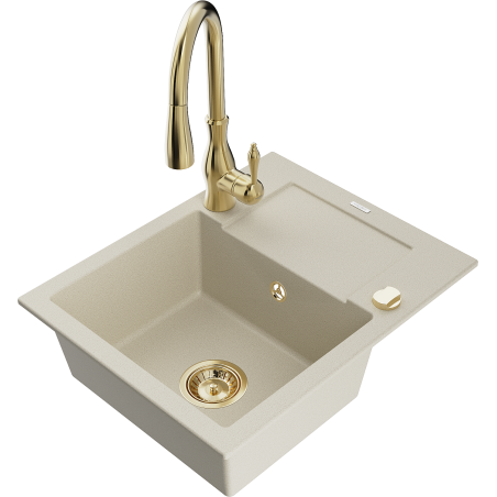 Mexen Enzo évier en granit 1 bac avec égouttoir et robinet de cuisine Savita, beige - 6506-69-672601-50