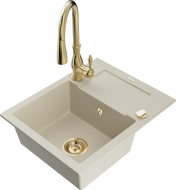 Mexen Enzo évier en granit 1 bac avec égouttoir et robinet de cuisine Savita, beige - 6506-69-672601-50