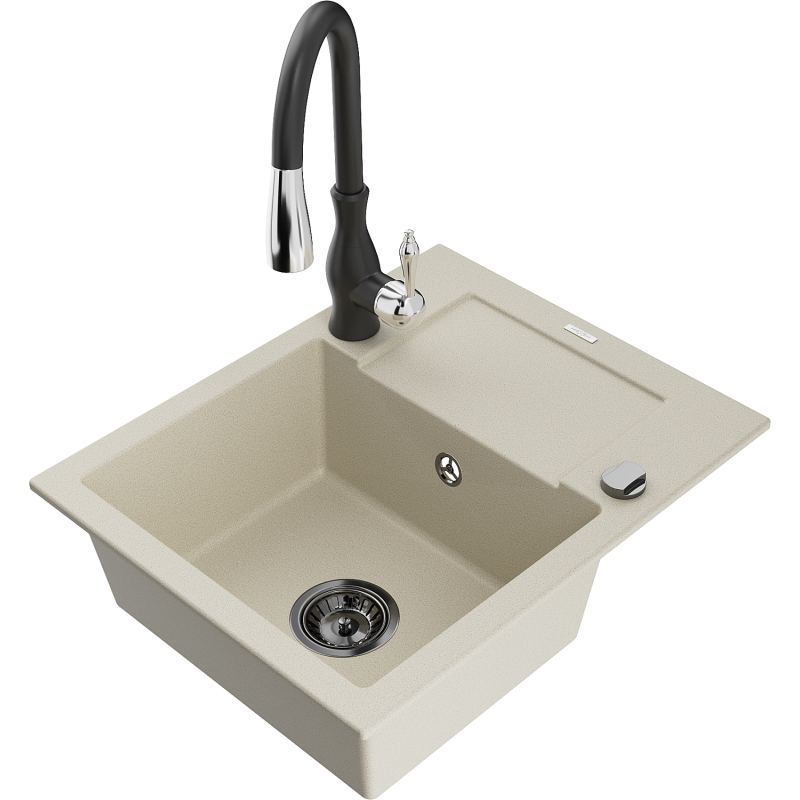 Mexen Enzo évier en granit 1 bac avec égouttoir et robinet de cuisine Savita, beige - 6506-69-672601-70