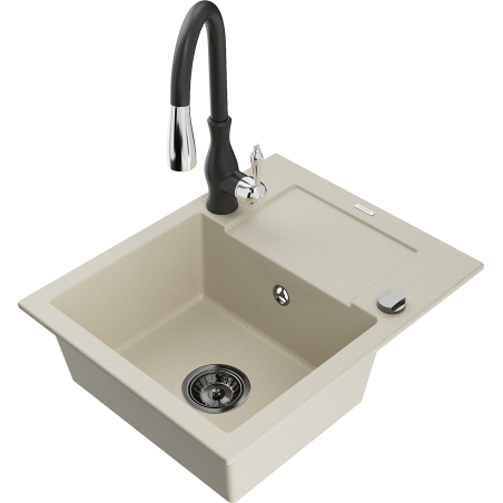 Mexen Enzo évier en granit 1 bac avec égouttoir et robinet de cuisine Savita, beige - 6506-69-672601-70