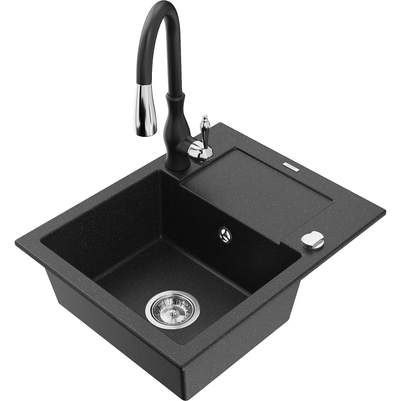 Mexen Enzo évier de cuisine en granit 1 bac avec égouttoir et mitigeur Savita, noir/argent métallisé - 6506-73-672601-70