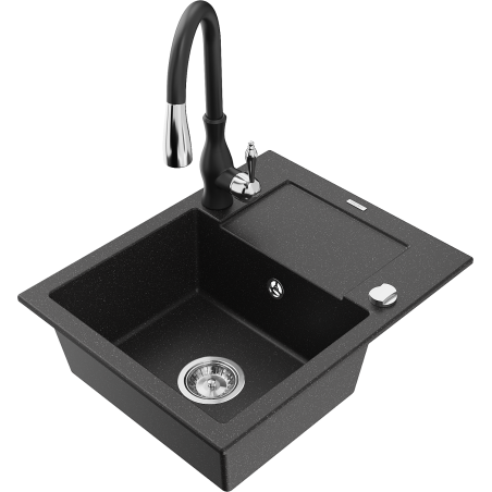 Mexen Enzo évier de cuisine en granit 1 bac avec égouttoir et mitigeur Savita, noir/argent métallisé - 6506-73-672601-70