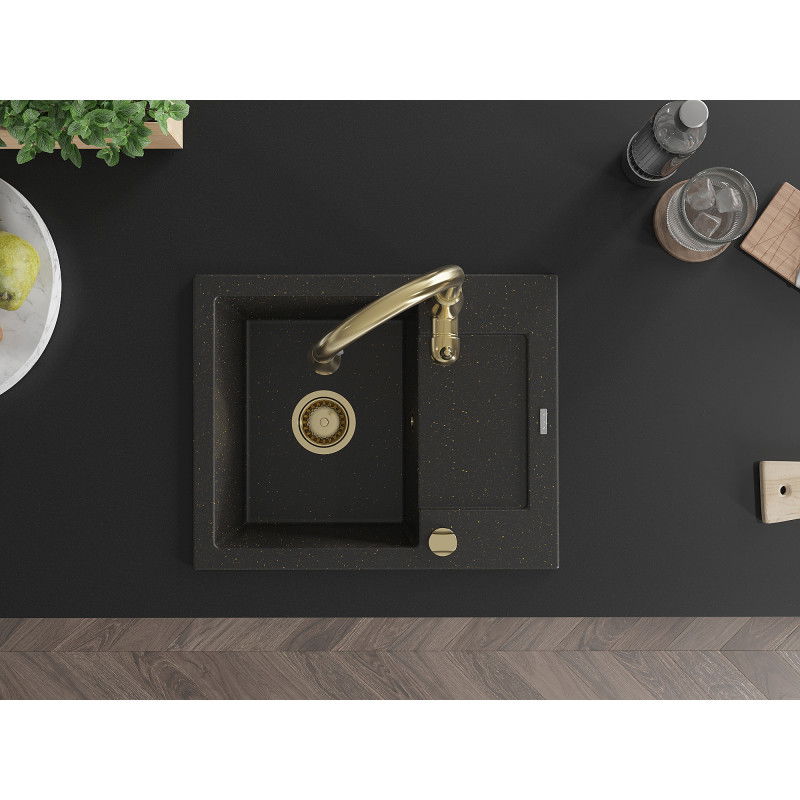 Mexen Enzo évier en granit 1 bac avec égouttoir et robinet de cuisine Savita, noir/métallique doré - 6506-75-672601-50