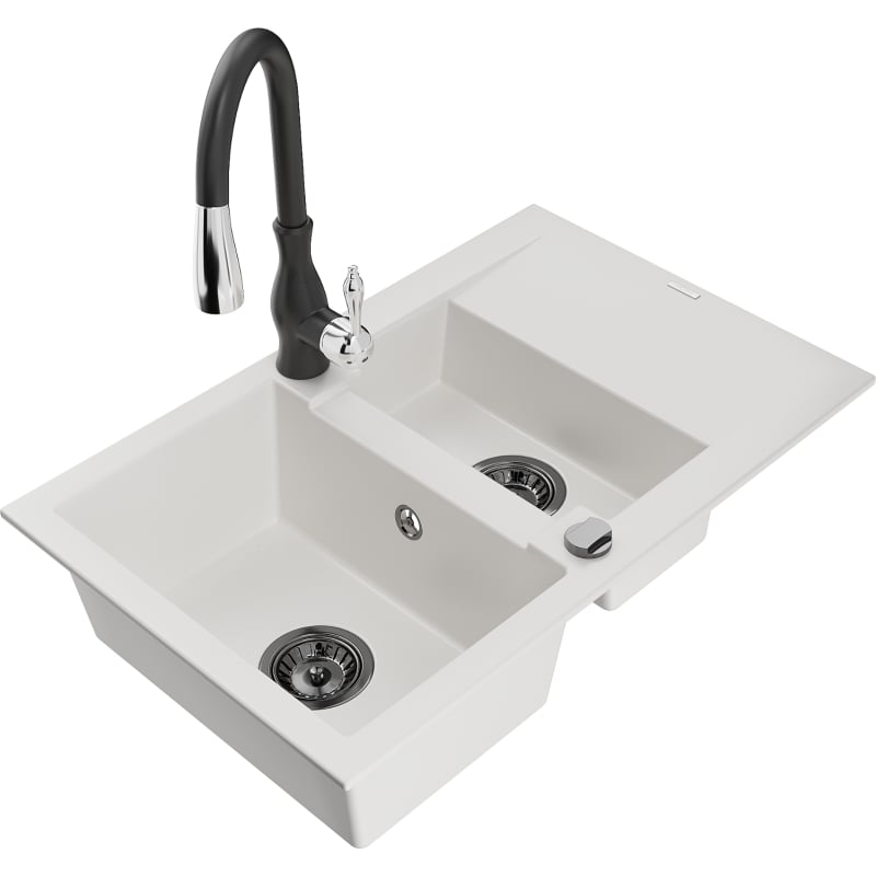 Mexen Gaspar évier de cuisine en granit 1,5 bac avec égouttoir et robinet Savita, blanc - 6507-20-672601-70