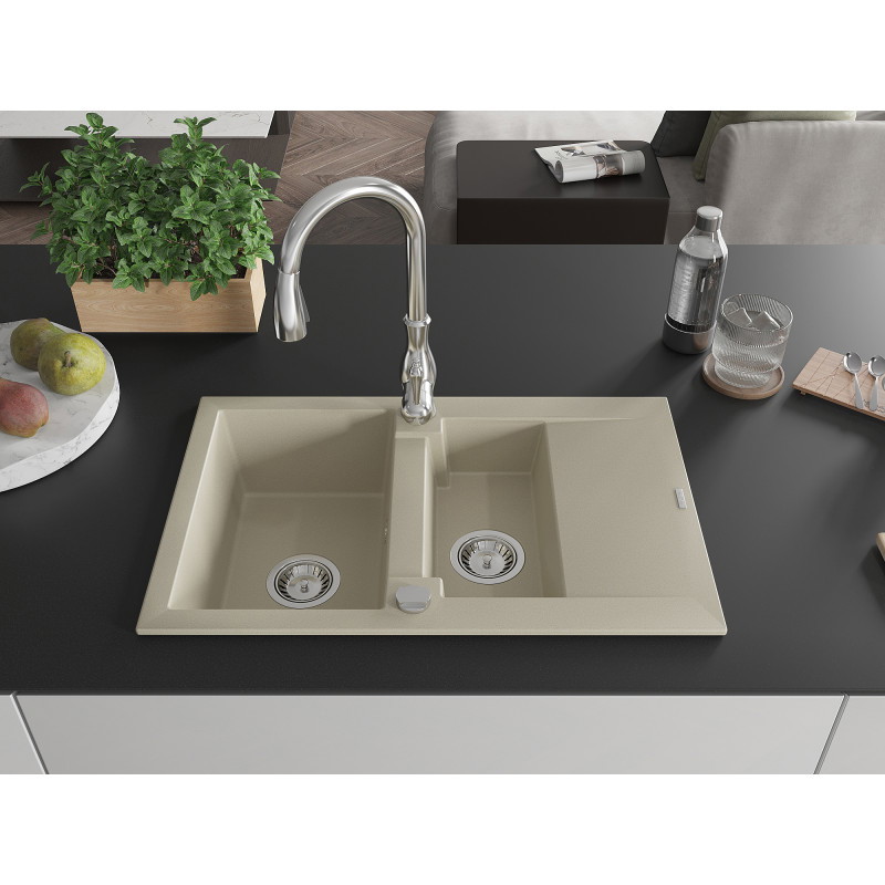 Mexen Gaspar évier en granit 1,5 bac avec égouttoir et robinet de cuisine Savita, beige - 6507-69-672601-00