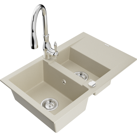 Mexen Gaspar évier en granit 1,5 bac avec égouttoir et robinet de cuisine Savita, beige - 6507-69-672601-00