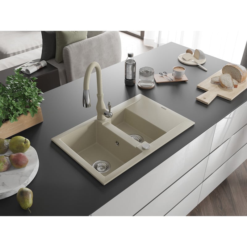 Mexen Gaspar évier en granit 1,5 bac avec égouttoir et robinet de cuisine Savita, beige - 6507-69-672601-69