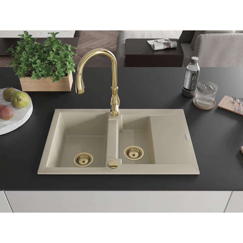 Mexen Gaspar évier en granit 1,5 cuves avec égouttoir et robinet de cuisine Savita, beige - 6507-69-672601-50