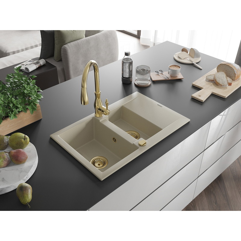 Mexen Gaspar évier en granit 1,5 bac avec égouttoir et robinet de cuisine Savita, beige - 6507-69-672601-50