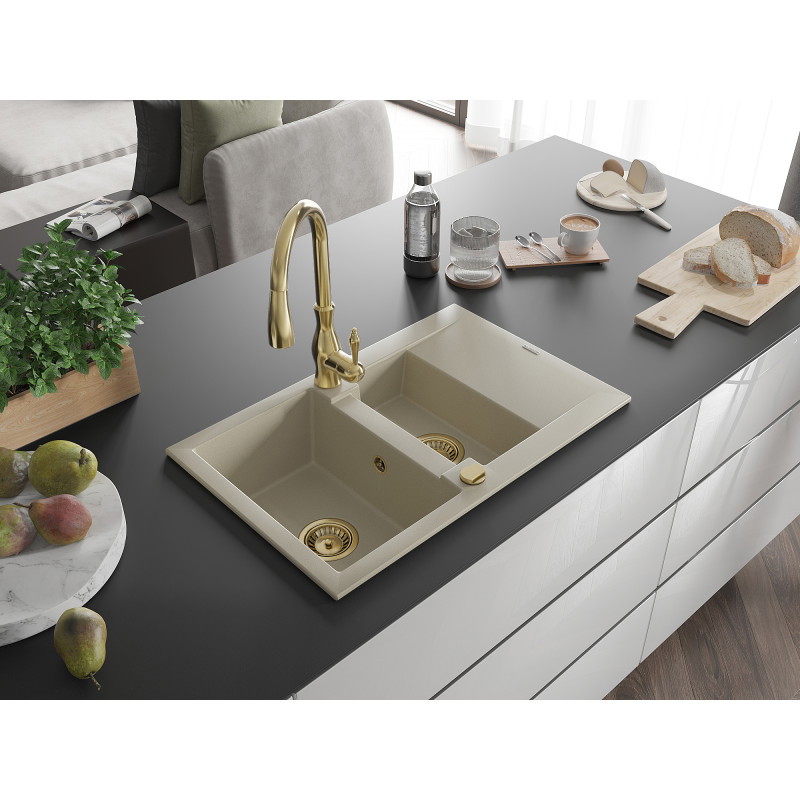Mexen Gaspar évier en granit 1,5 cuves avec égouttoir et robinet de cuisine Savita, beige - 6507-69-672601-50