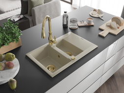 Mexen Gaspar évier en granit 1,5 cuves avec égouttoir et robinet de cuisine Savita, beige - 6507-69-672601-50
