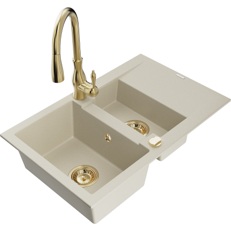 Mexen Gaspar évier en granit 1,5 bac avec égouttoir et robinet de cuisine Savita, beige - 6507-69-672601-50
